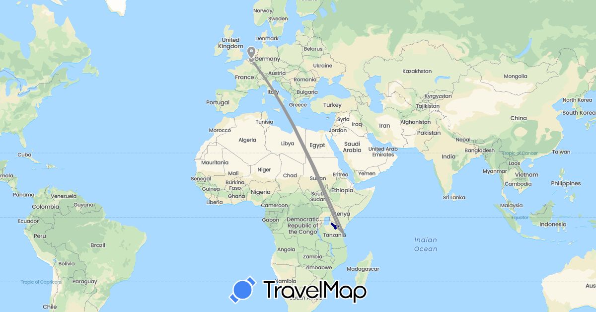 TravelMap itinerary: driving, plane, boat in Belgium, Tanzania (Africa, Europe)